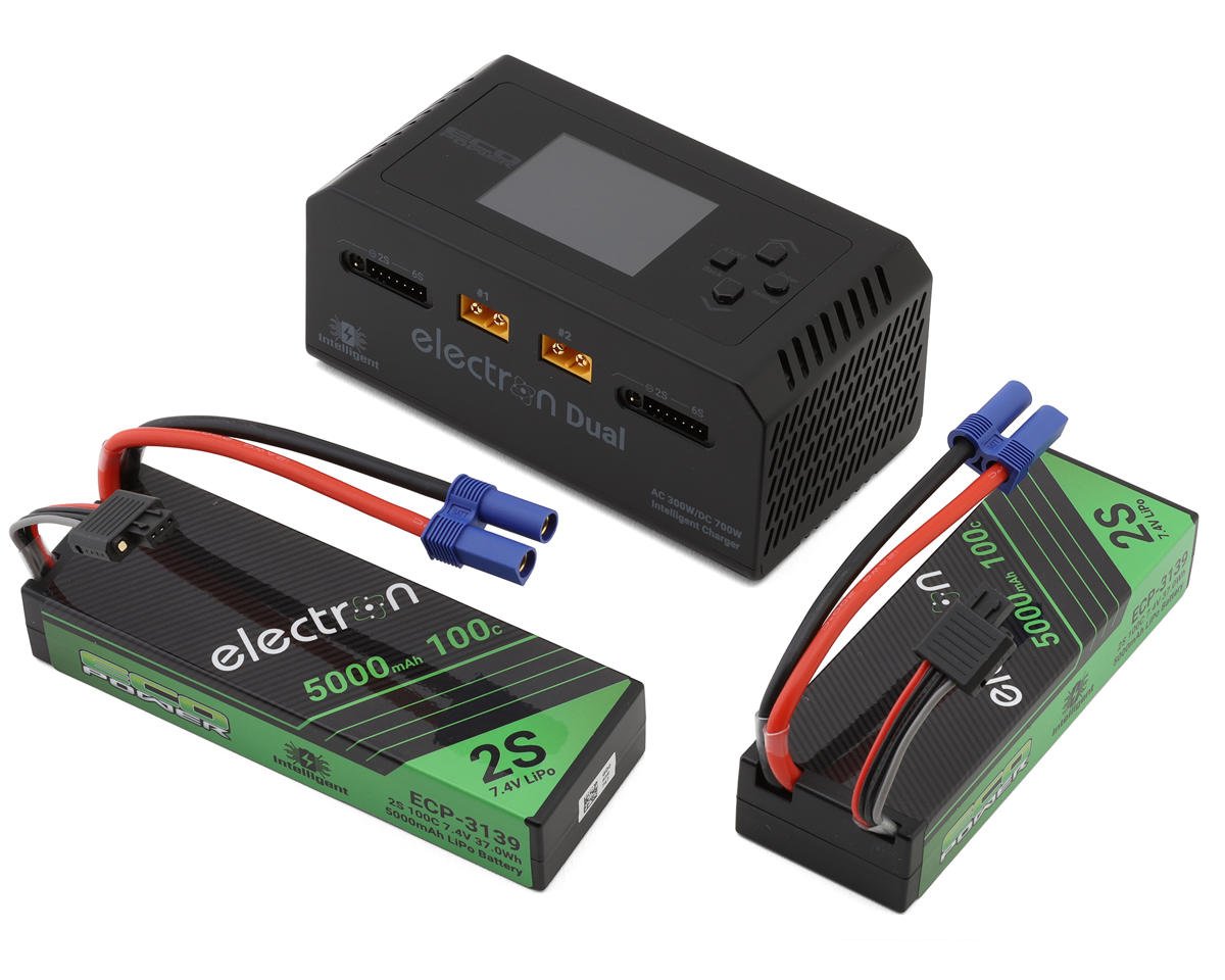 EcoPower Intelligent 2x2S 5000mAh EC5 LiPo Batteries/"Electron Dual" Charger Bundle (7.4V/100C) (AC-300W) (DC-350W x2)