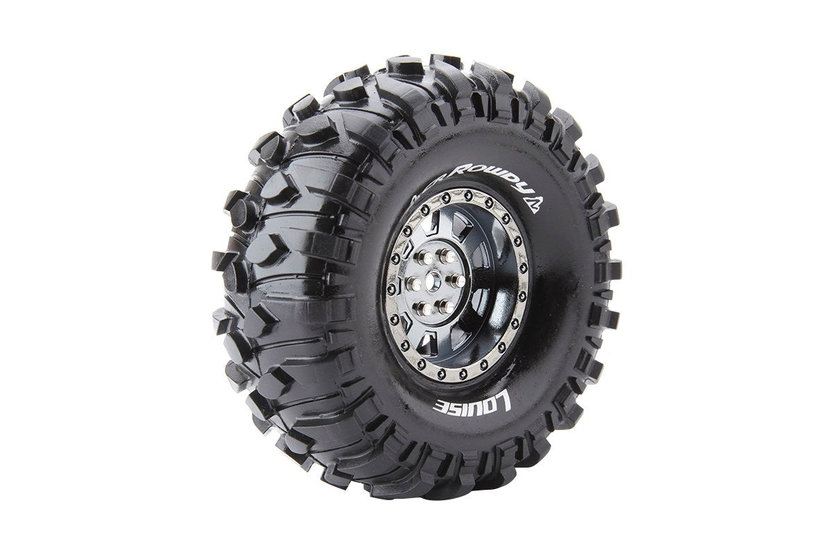 Louise CR-Rowdy 1/10 1.9" Crawler Tires, 12mm Hex, Super Soft, Mounted on Black Chrome Rim, Front/Rear (2)