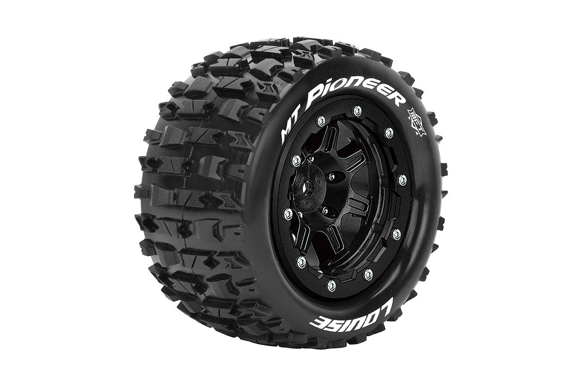 Louise MFT MT-Pioneer 1/10 Monster Truck Tires, 1/2" Offset, 17mm Hex, Soft, Mounted on Black Rim (2)