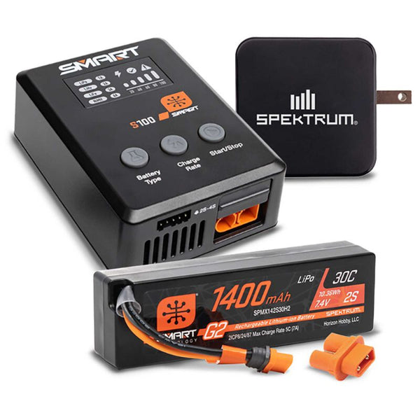 Spektrum Rc Smart Powerstage Surface Bundle: 1400mAh 2S 30C LiPo Battery (IC2) / 100W S100 Charger / 65W Power Supply / Adapter