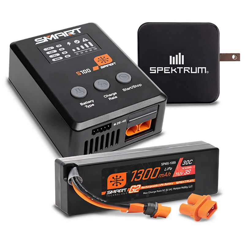 Spektrum Rc Smart Powerstage Bundle: 1300mAh 3S 30C LiPo Battery (IC2) / S100 Charger / 65W Power Supply / Adapter
