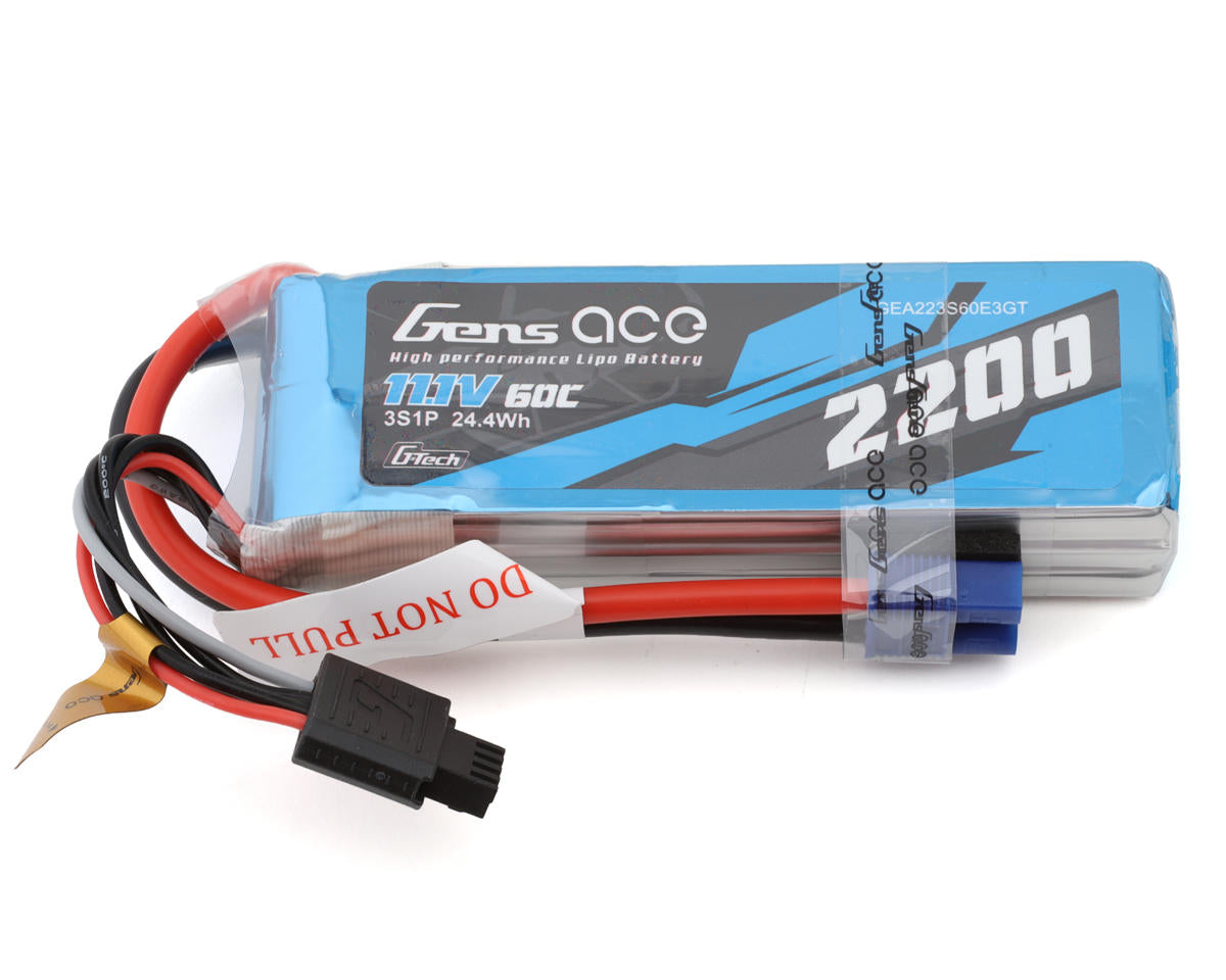 Gens Ace 3S Lipo Battery 11.1V 2200mAh 60C With EC3 Plug - For RC Drones, Airplanes, Helicopters