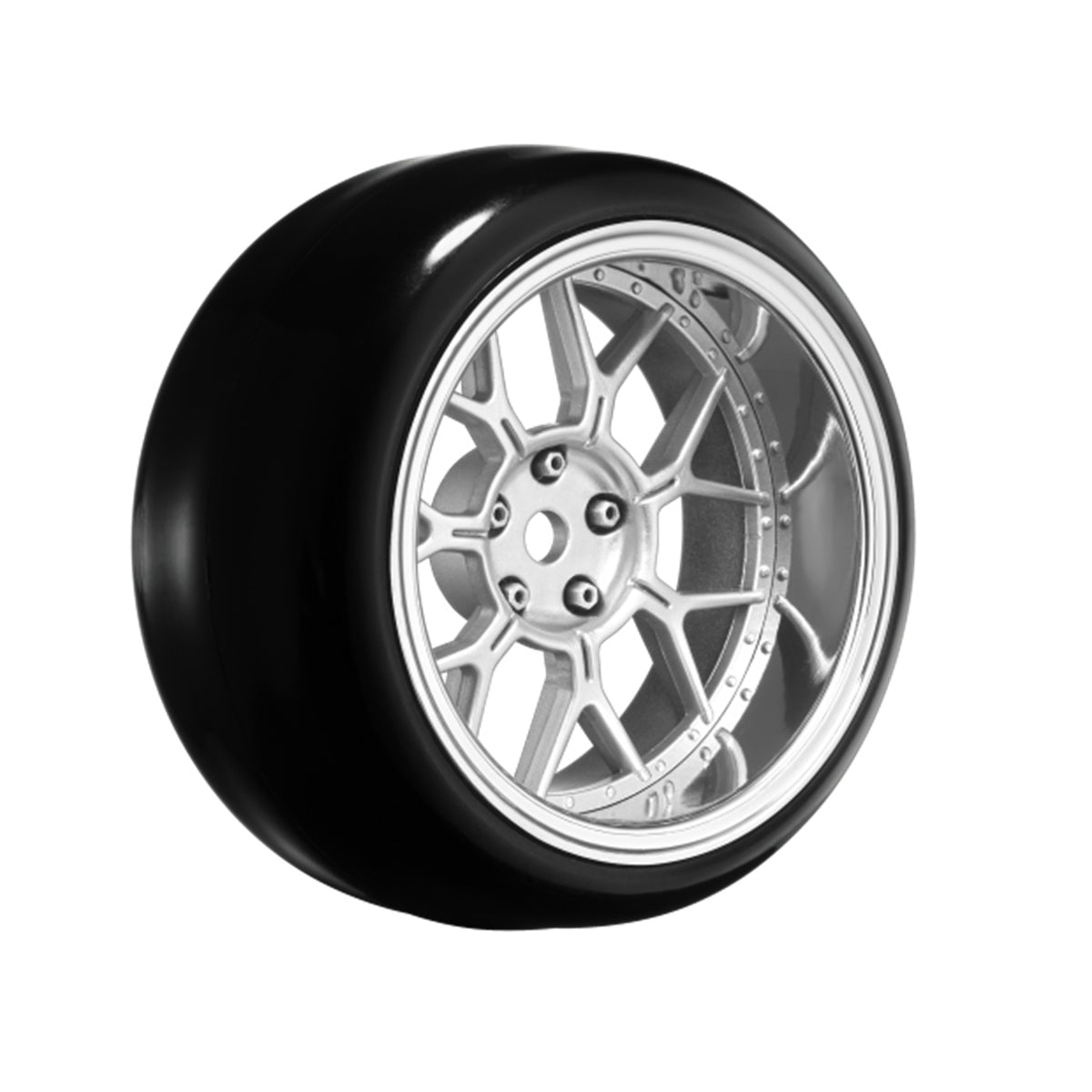 Louise R/C 14 Spoke Matte Silver 1/10 Wheel Mounted Drift Tire, 2, 4, 6, 8mm Offset, 12mm Hex, 4pcs