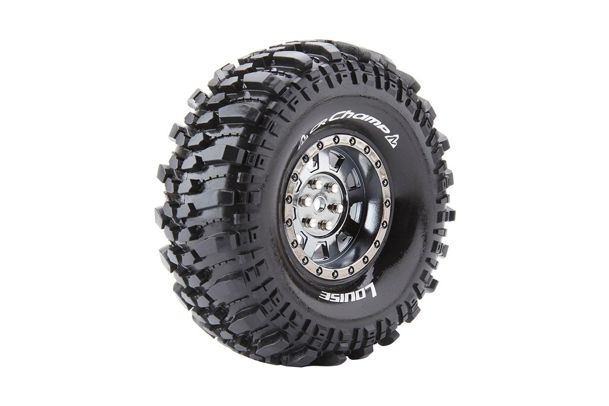 CR-Champ 1/10 1.9" Crawler Tires, 12mm Hex, Super Soft, Mounted on Black Chrome Rim, Front/Rear (2)