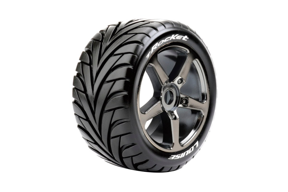 Louise R/C T-Rocket 1/8 Off-Road Truggy Tires, 0" Offset, 17mm on Black Chrome Spoke Rim, Front/Rear (2)