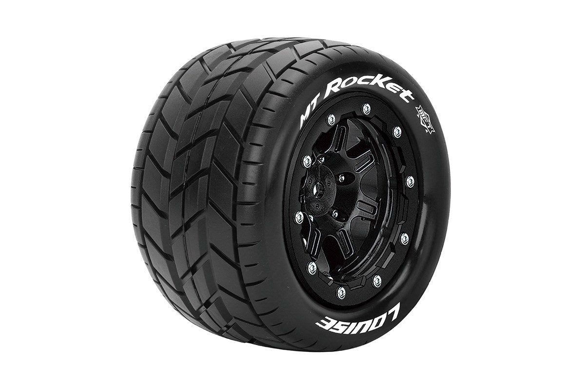 Louise MFT MT-Rocket 1/10 Monster Truck Tires, 1/2" Offset, 17mm Hex, Soft, Mounted on Black Chrome Rim (2)