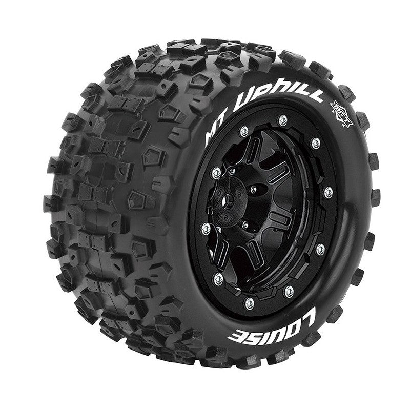Louise MFT MT-Uphill 1/10 Monster Truck Tires, 1/2" Offset, 17mm Hex, Soft, Mounted on Black Rim (2)