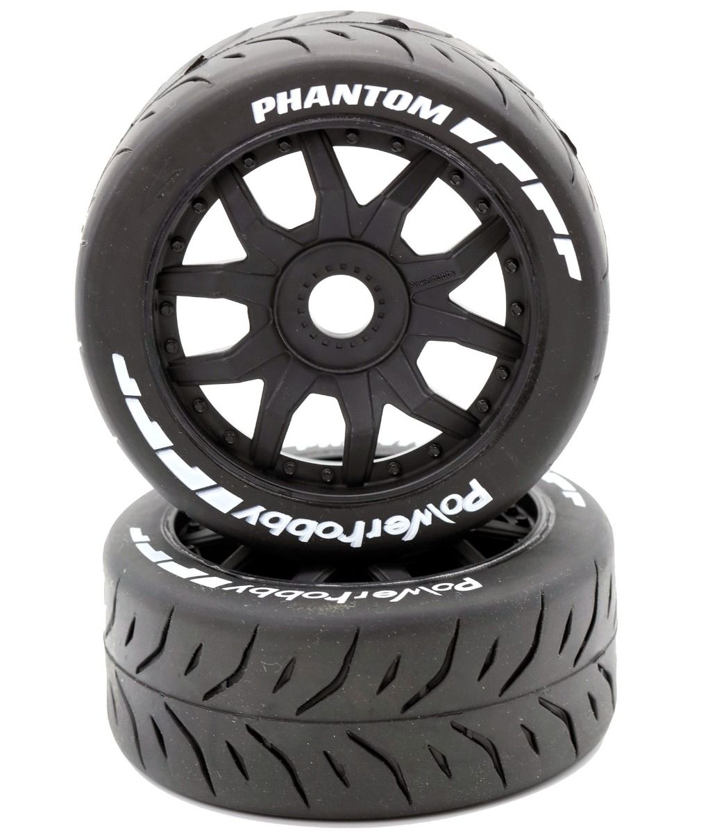 Power Hobby - 1/8 GT Phantom Belted Mounted Tires, Medium Compound, 17mm Black Wheels