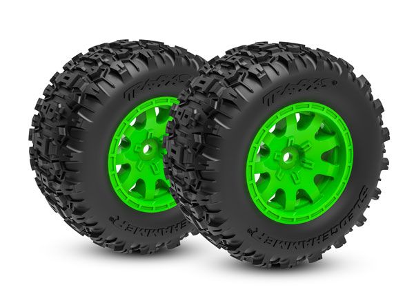 Traxxas Tires & Wheels, assembled (green wheels)(front)(2)