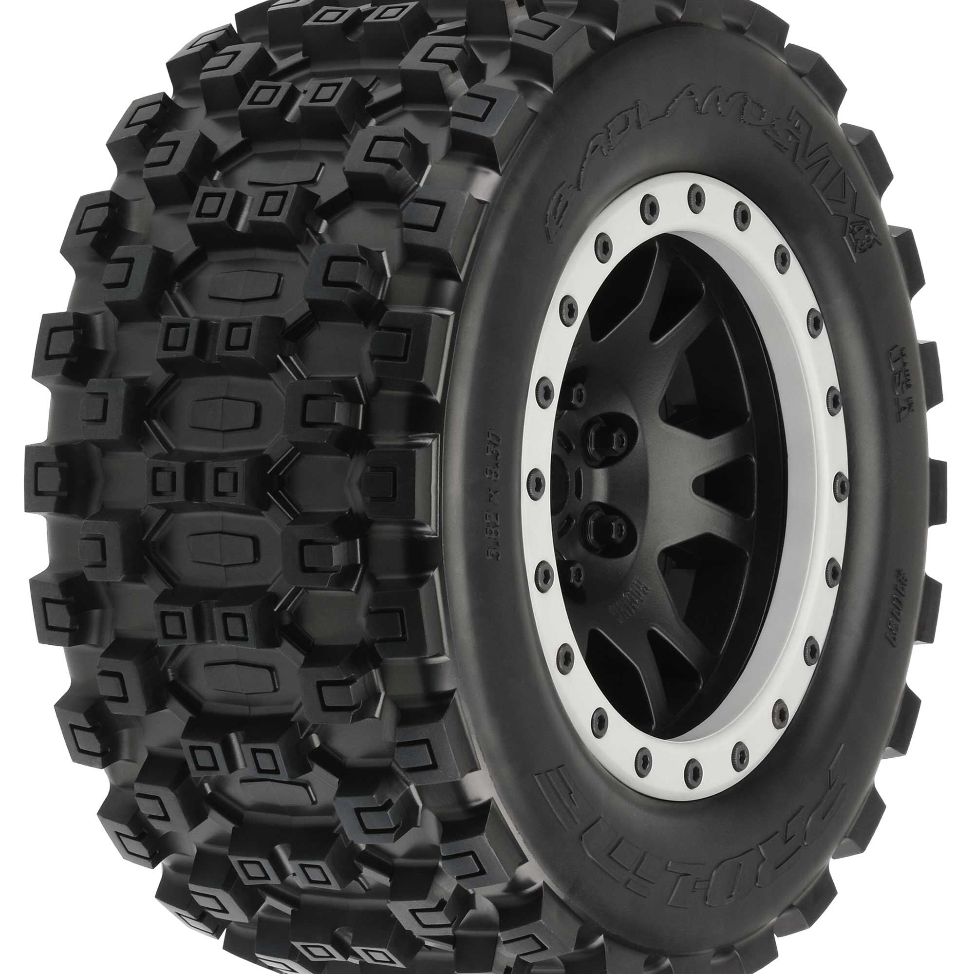 Pro-Line Badlands MX43 Pro-Loc Mounted, Impulse Black Wheels with Grey Rings (2): X-Maxx