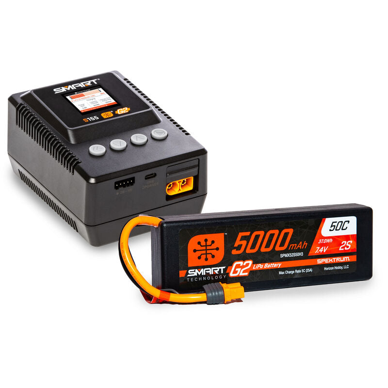 Spektrum Smart G2 Powerstage Surface Bundle: 2S 5000mAh LiPo Battery / S155 Charger