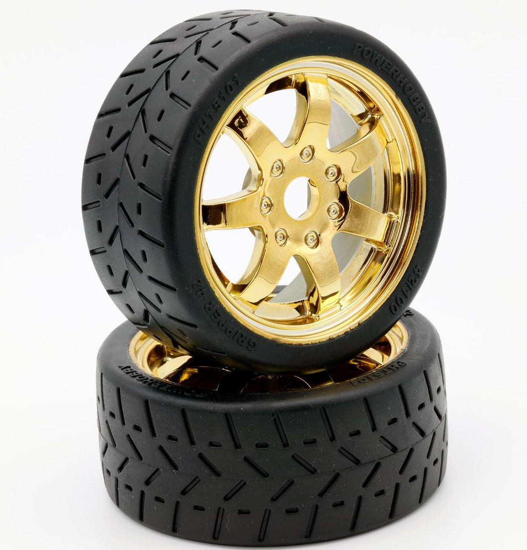 Power Hobby 1/8 Gripper 42/100 Belted Mounted Tires 17mm Gold Wheels