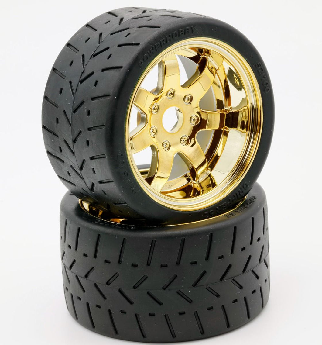 Power Hobby 1/8 Gripper 54/100 Belted Mounted Tires 17mm Gold Wheels