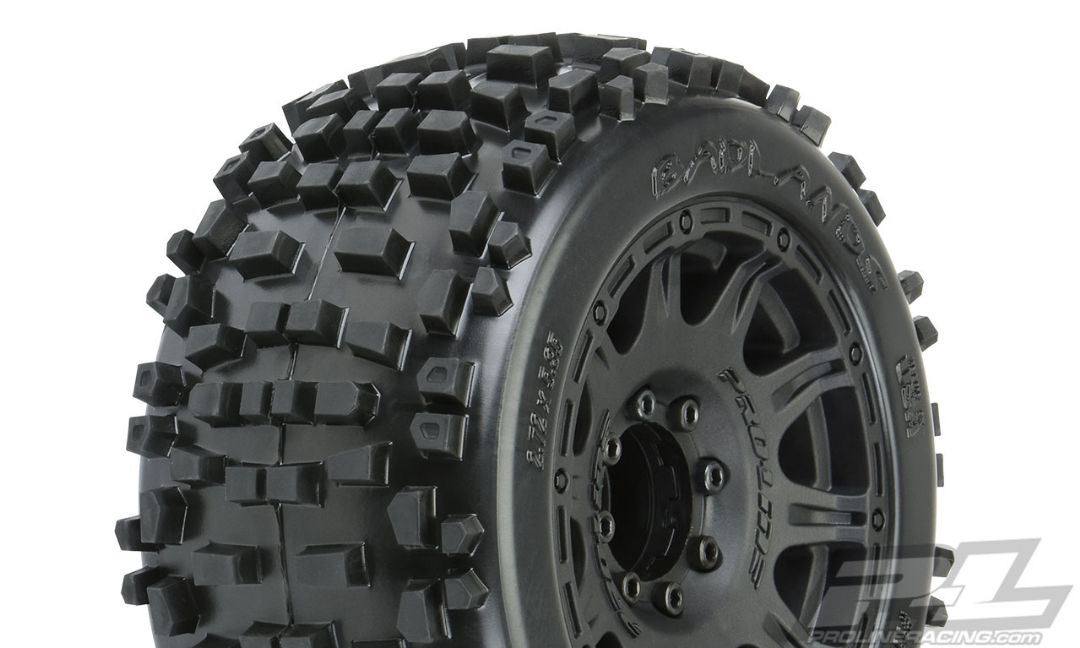 Pro-Line 1/8 Badlands 3.8" All Terrain Tires Mounted on Raid Black 8x32 Removable Hex Wheels (2) for 17mm MT Front or Rear