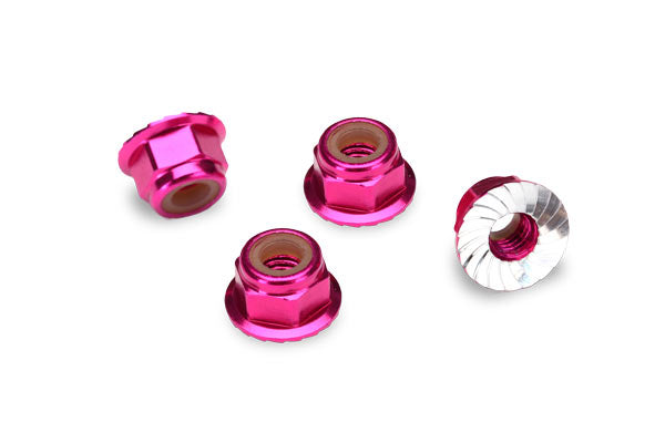 Traxxas Nuts, 4mm aluminum, flanged, serrated (pink-anodized) (10)