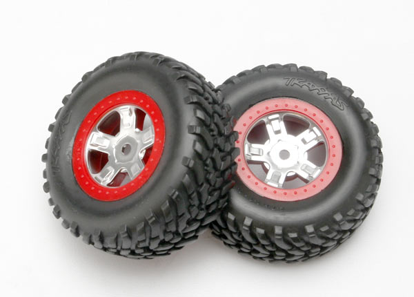 Traxxas SCT Pre-Mounted Tires & Wheels w/Red Beadlock (Satin Chrome) (2)