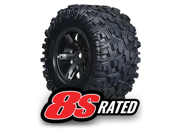 Traxxas Tires & wheels, assembled, glued (X-Maxx black wheels, Maxx AT tires, foam inserts) (left & right) (2) 8S Rated
